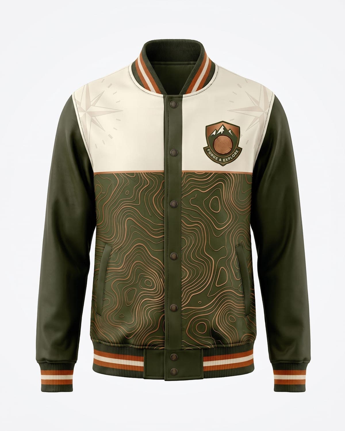 Olive varsity bomber with full topographic print body and woven badge