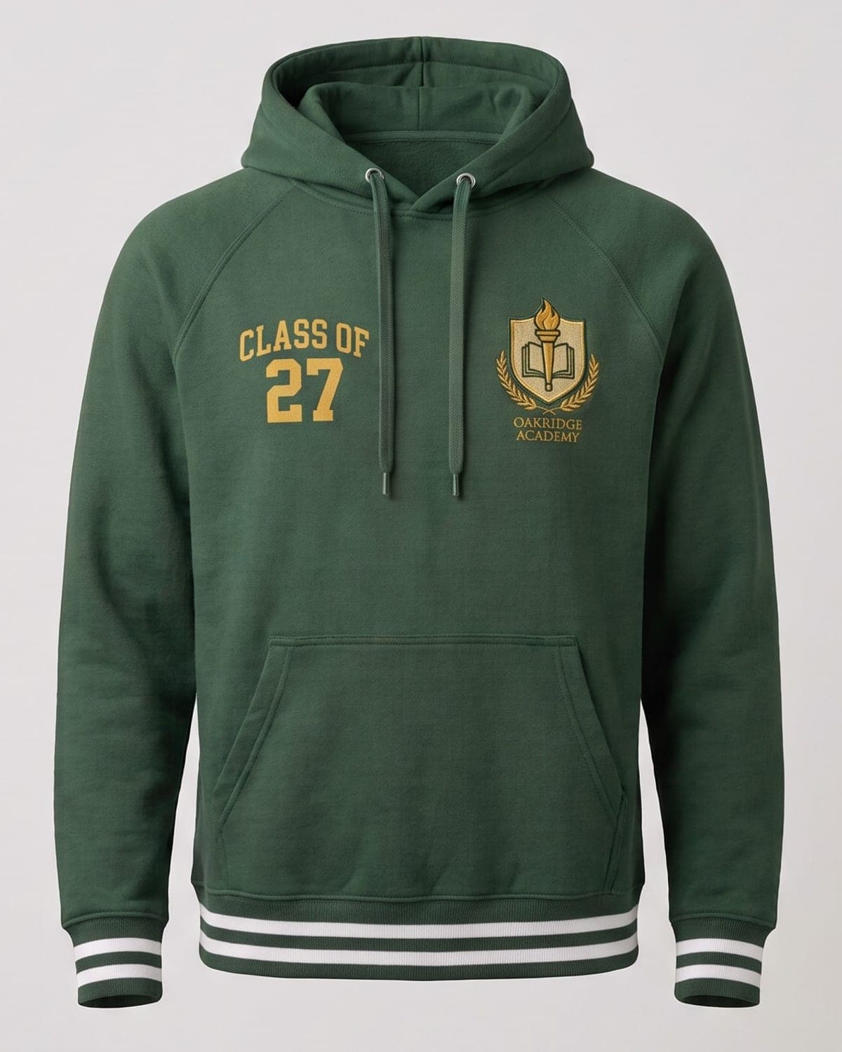 Green raglan hoodie with class of 27 chest print and embroidered crest