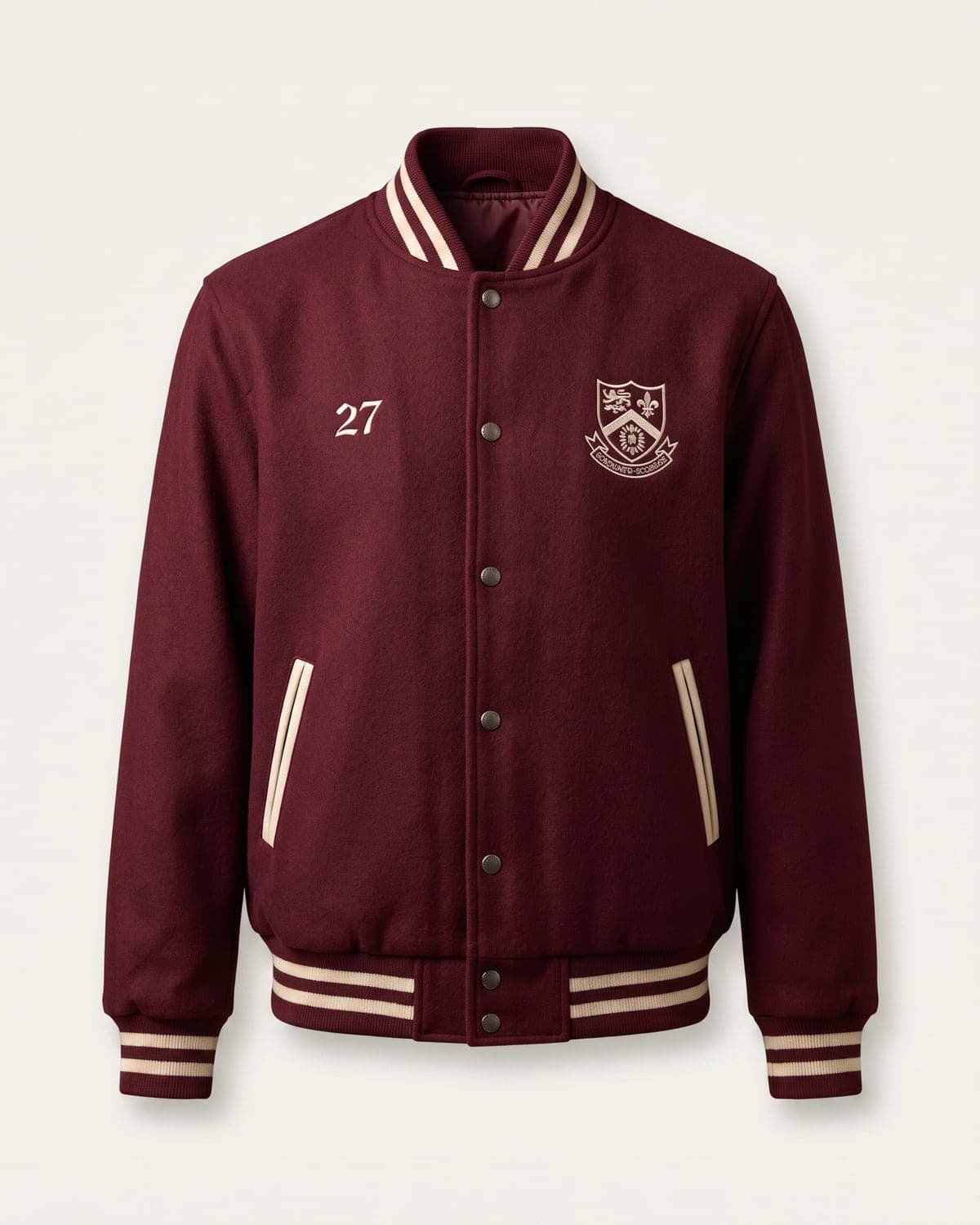 Maroon lightweight varsity bomber with embroidered crest and striped rib trim